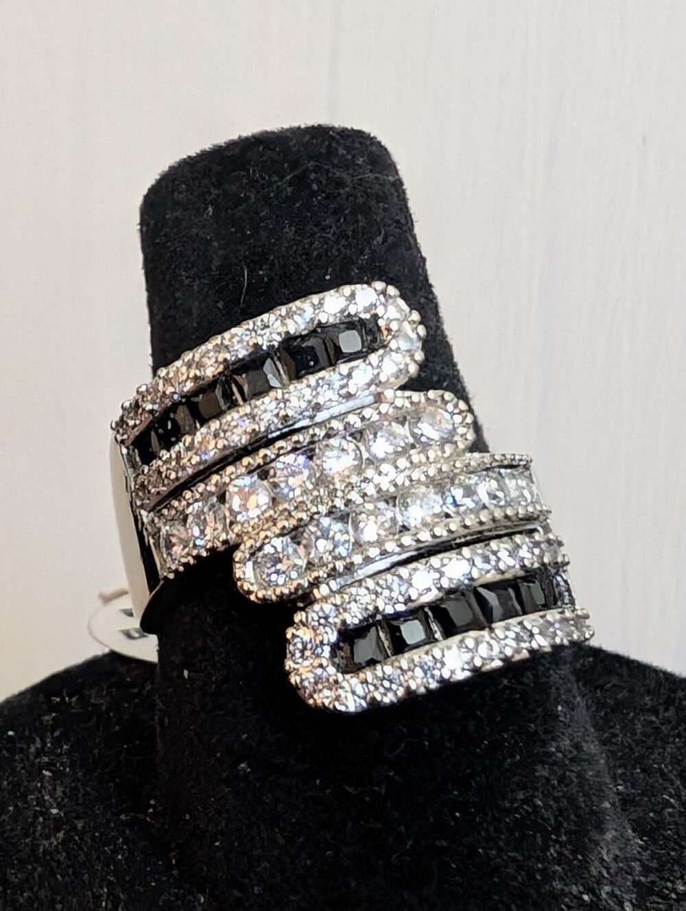 #92. Black and Clear Crystal Spiral Statement Ring - Women Jewelry